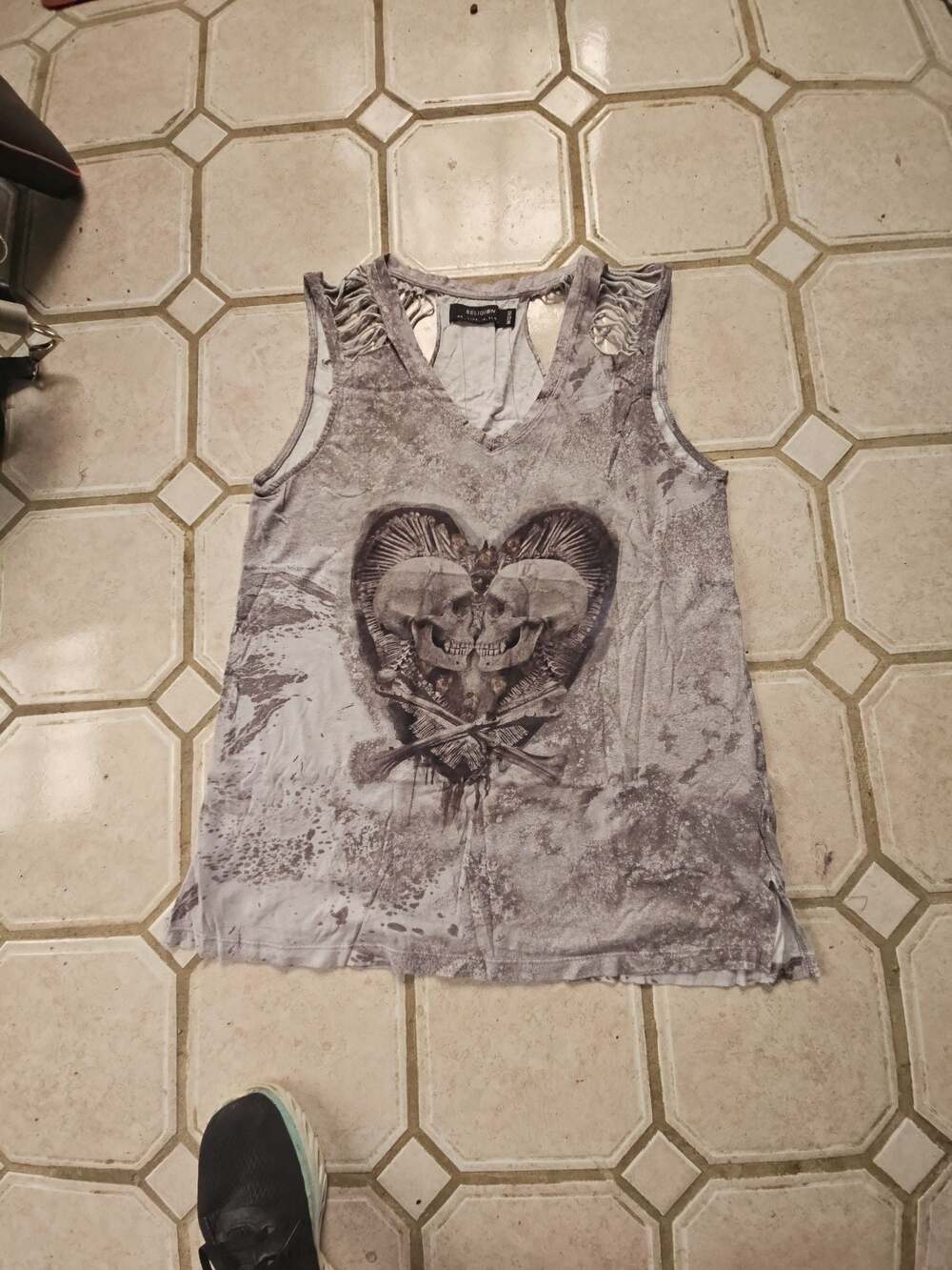 Religion Clothing skull heart graphic tank top with fringe cutout details